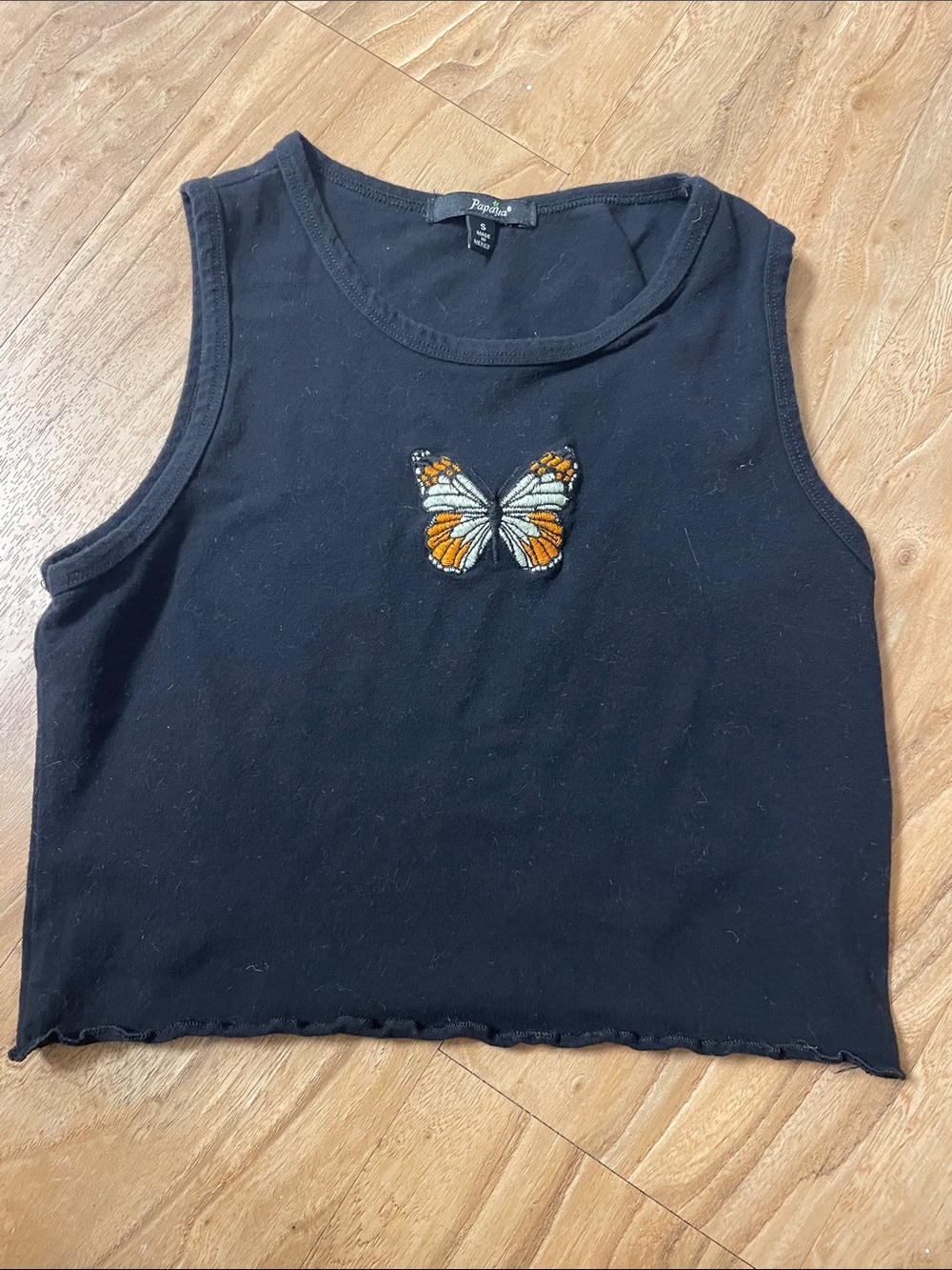 Papaya Black Cropped Tank with Orange & White Butterfly Patch